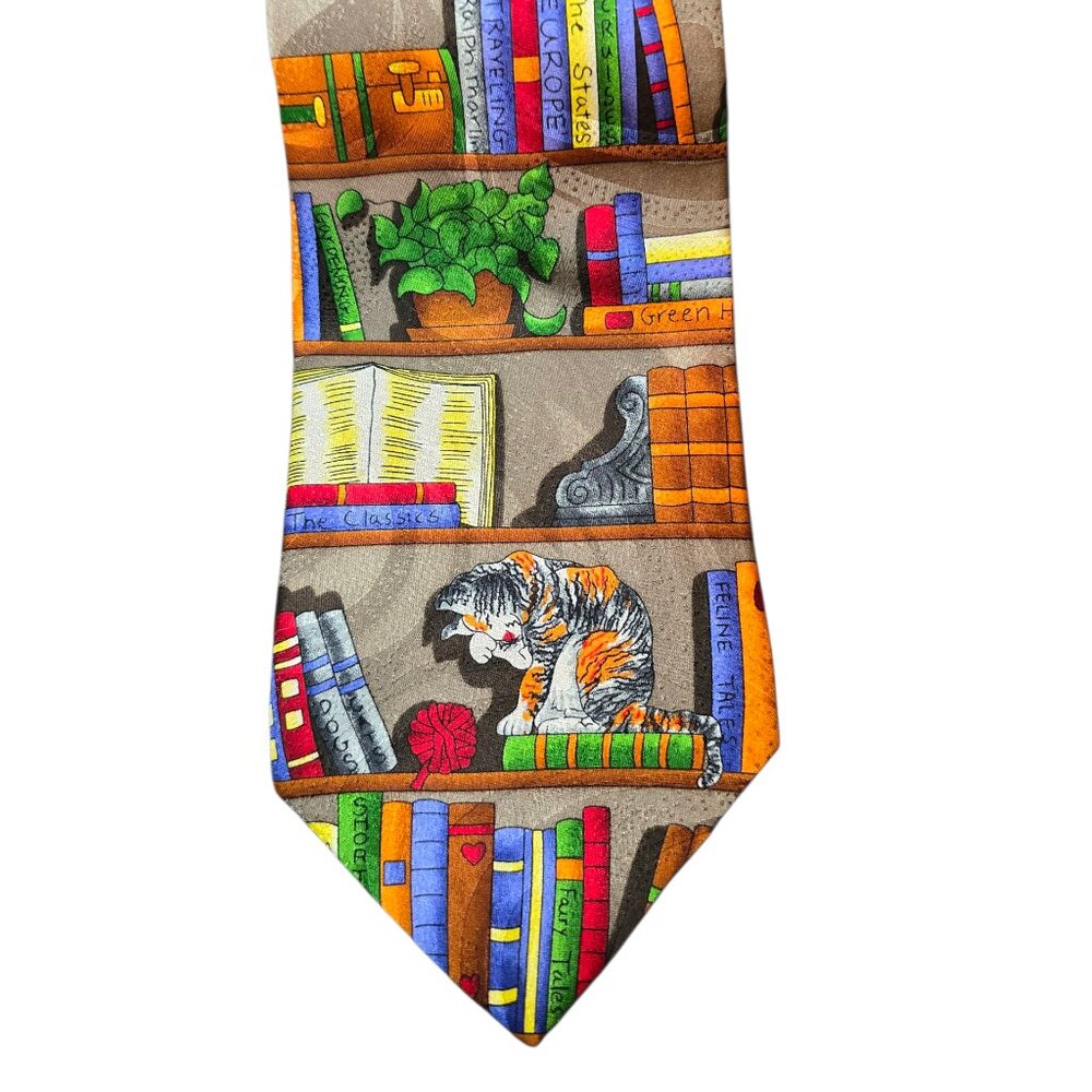 100% Silk Cat Bookshelf Library Novelty Tie Book Lover Teacher Librarian Necktie